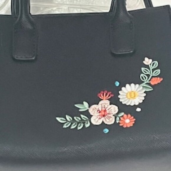 Embroidered Black Mini Crossbody Purse Flowers Handles Faux Leather Bag - Picture 3 of 10